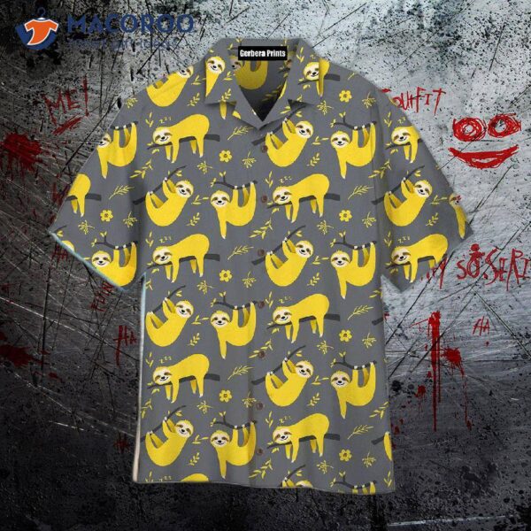 Cute Sloth Seamless Pattern In Yellow And Gray Hawaiian Shirts