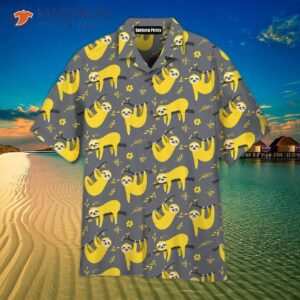 Cute Sloth Seamless Pattern In Yellow And Gray Hawaiian Shirts