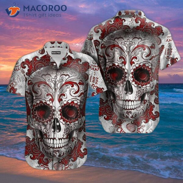 Da De Los Muertos Day Of The Dead Red Sugar Skull Grey Hawaiian Shirts