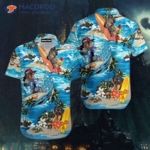 dachshunds surfing tropical hawaiian shirt 0