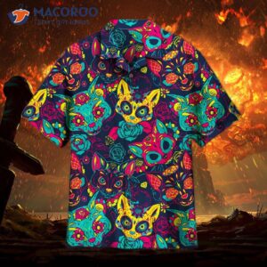 Day Of The Dead Colorful Sugar Cat Skulls With Floral Hawaiian Shirts