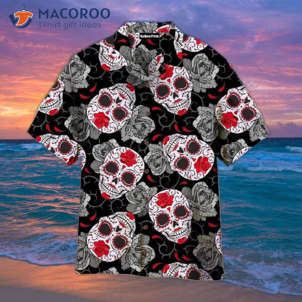 Day Of The Dead Gothic Sugar Skull Roses Halloween Pattern Black And White Hawaiian Shirts