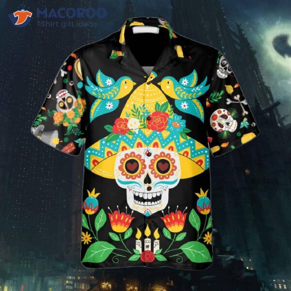 Day Of The Dead Sugar Skull And Guitar Black Hawaiian Shirts