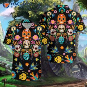 day of the dead sugar skulls black and colorful hawaiian shirts 0