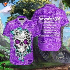 december girl with a tattooed skull wearing purple hawaiian shirt 1