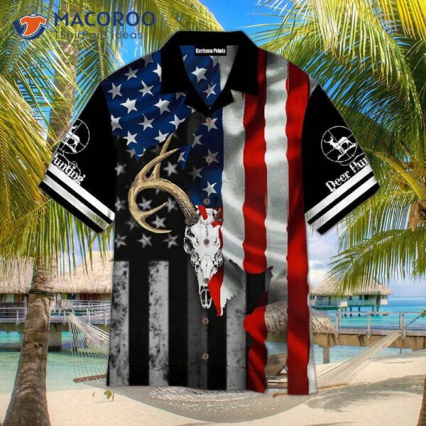 Deer Skull American Flag Black, Blue, And Red Hawaiian Shirts