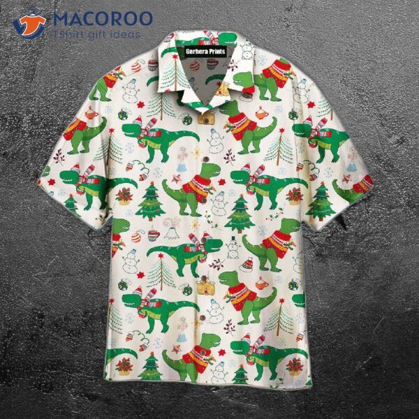 Dinosaur-themed “jurassic Park” T-rex Christmas In July White Hawaiian Shirts