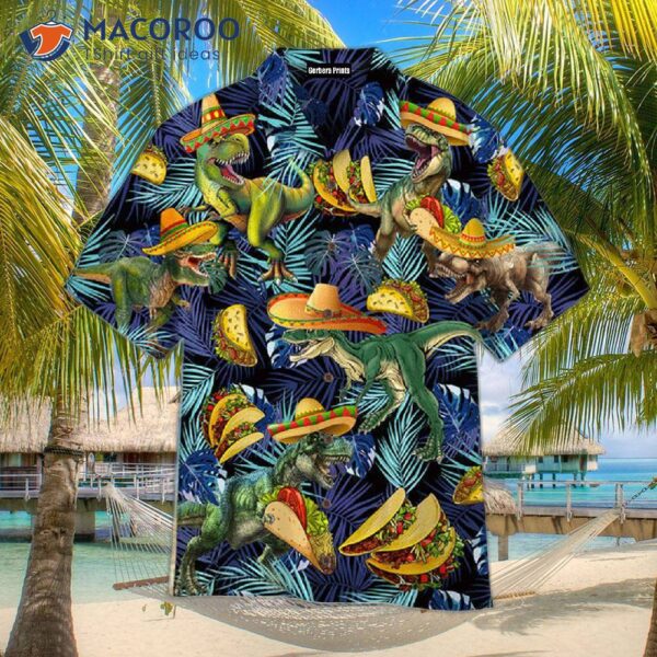 Dinosaurs Love Tacos T-rex Blue Palm Leaves Pattern Hawaiian Shirts