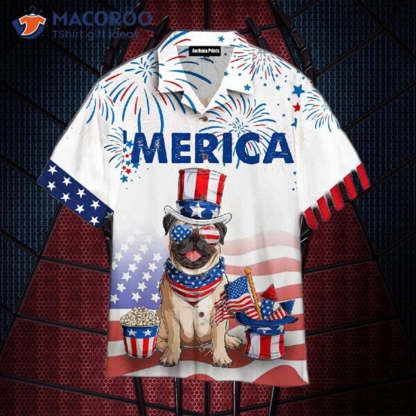 Dog And American Flag Bulldog 4th Of July Fireworks White Independence Day Patriotic Hawaiian Shirts
