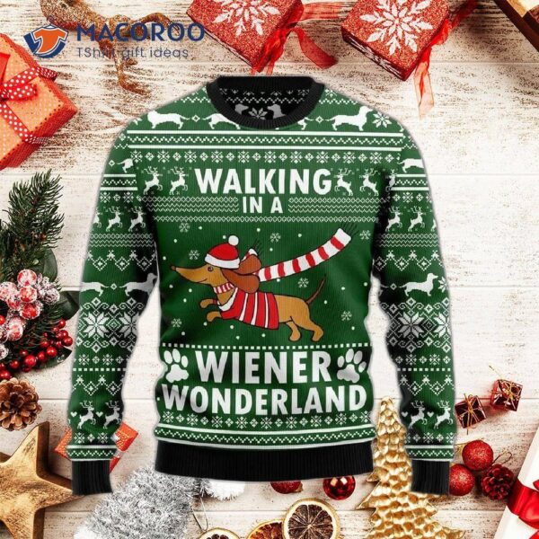 Dog Walking In A Wiener Wonderland Ugly Christmas Sweater