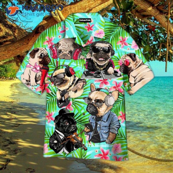 Dogs Feeling Music With Pugs Wearing Tropical Floral Patterned Hawaiian Shirts