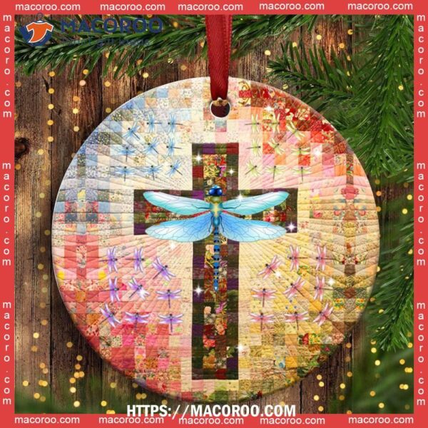 Dragonfly Christmas Peaceful Life Circle Ceramic Ornament, Dragonfly Christmas Tree Ornaments