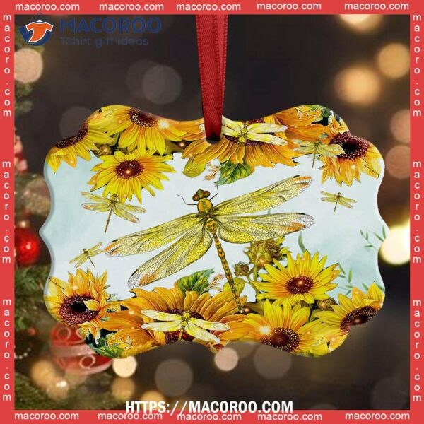 Dragonfly Sunflower Art Beautiful Metal Ornament, Dragonfly Christmas Ornaments