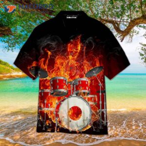 Drum And Fire, Black Red Instrument Music, Hawaiian Shirts.