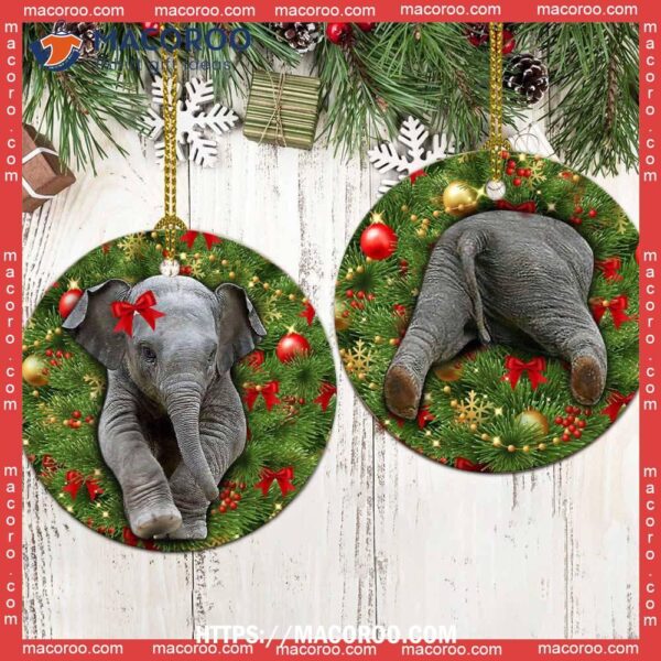 Elephant Christmas Tree Style Circle Ceramic Ornament, Pink Elephant Ornament