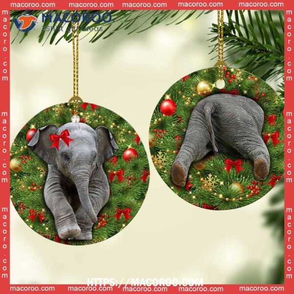 Elephant Christmas Tree Style Circle Ceramic Ornament, Pink Elephant Ornament