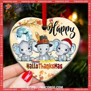 Elephant Happy Hallothanksmas Style Heart Ceramic Ornament, White Elephant Ornament