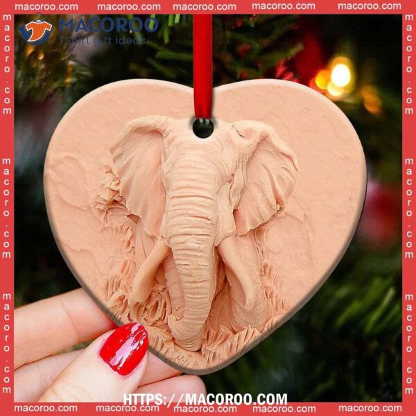 Elephant Silicon Mold Style Heart Ceramic Ornament, Elephant Christmas Ornaments