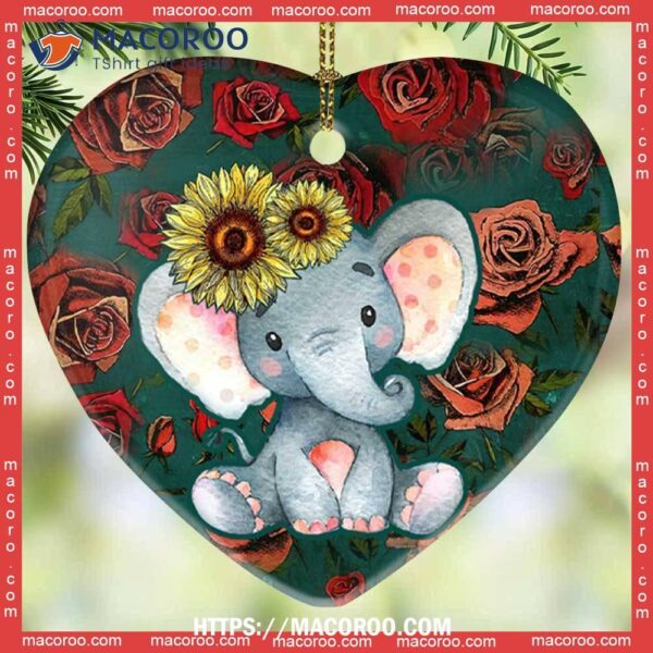 Elephant Sunflower In A World Heart Ceramic Ornament, Hanging Elephant Ornament