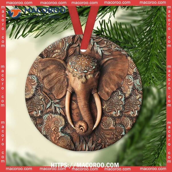 Elephant Wooden Cool Style Circle Ceramic Ornament, White Elephant Christmas Ornament