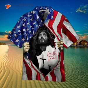 “faith Over Fear, Jesus, One Nation Under God, American Flag, Hawaiian Shirts.”