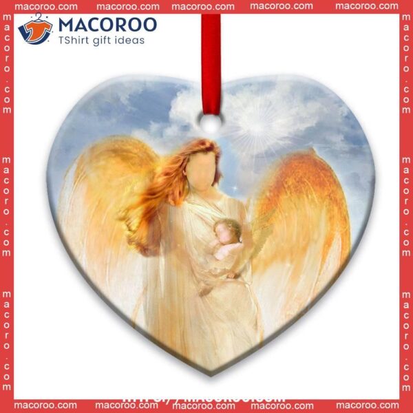 Family Mom Angel And Baby Heart Ceramic Ornament, Personalized Family Ornaments