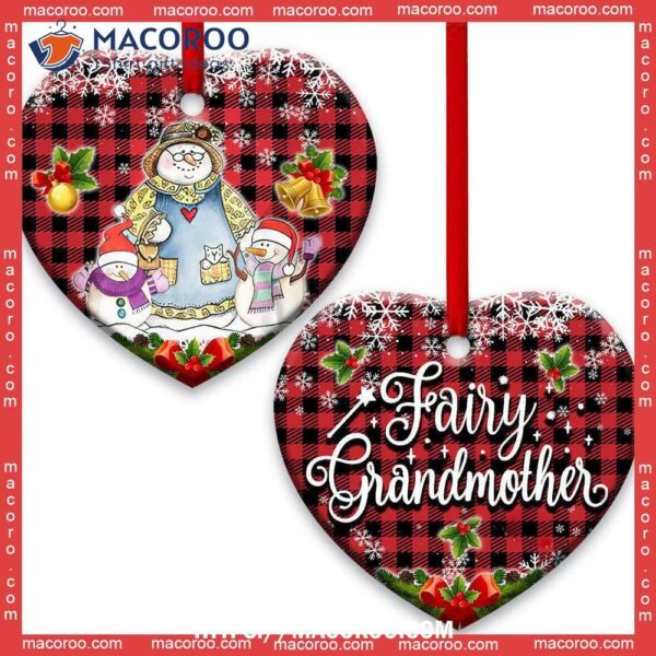 Family Snowman Fairy Grandmother With Two Grandkids Heart Ceramic Ornament, Family Christmas Decor
