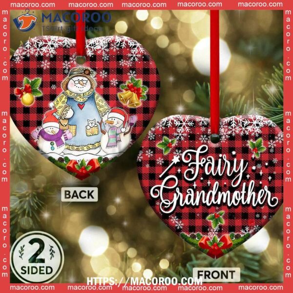 Family Snowman Fairy Grandmother With Two Grandkids Heart Ceramic Ornament, Family Christmas Decor
