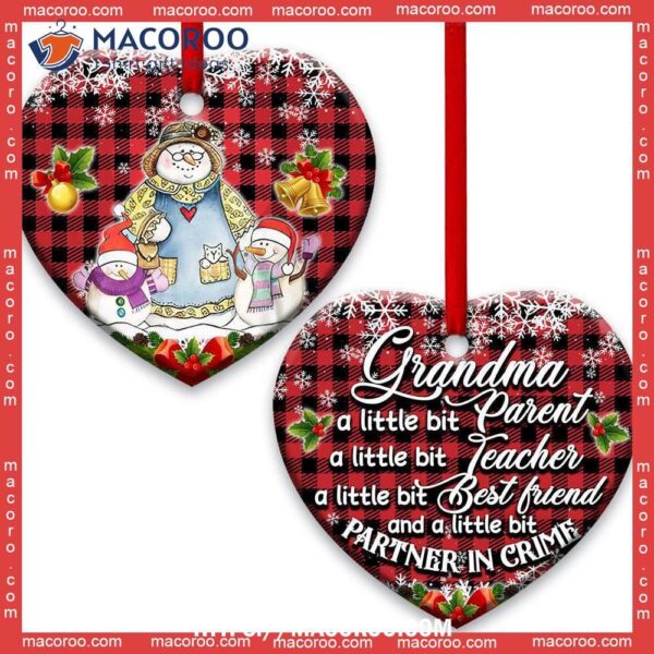 Family Snowman Grandma With Two Children Heart Ceramic Ornament, Family Christmas Ornaments