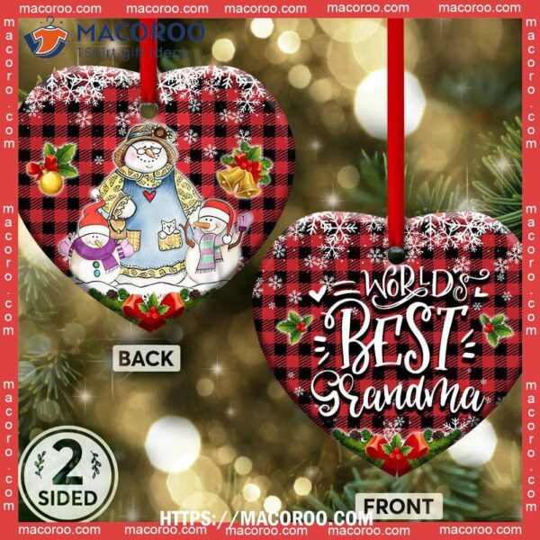 Family Snowman World Best Grandma With Two Grandkids Heart Ceramic Ornament, Personalized Family Ornaments