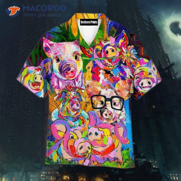 Farm Pigs Wearing Colorful And Awesome Abstract Hawaiian Shirts