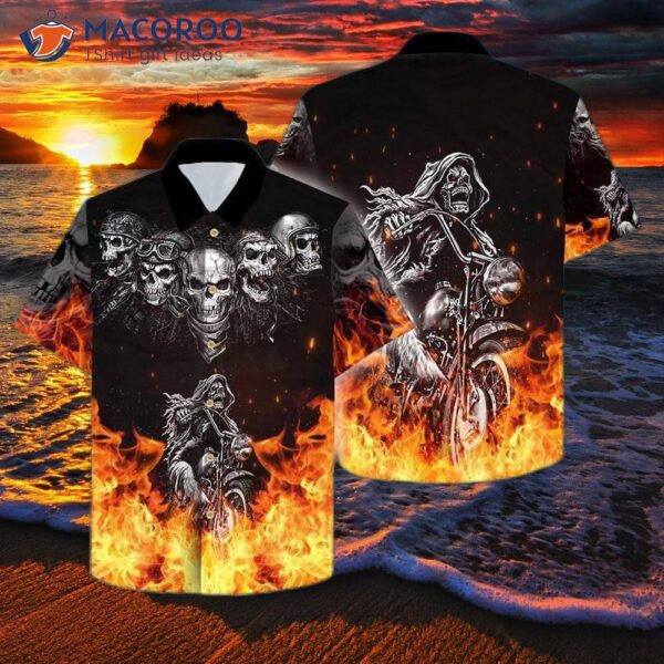 Fire Flame Skull Motorbike Black Hawaiian Shirts