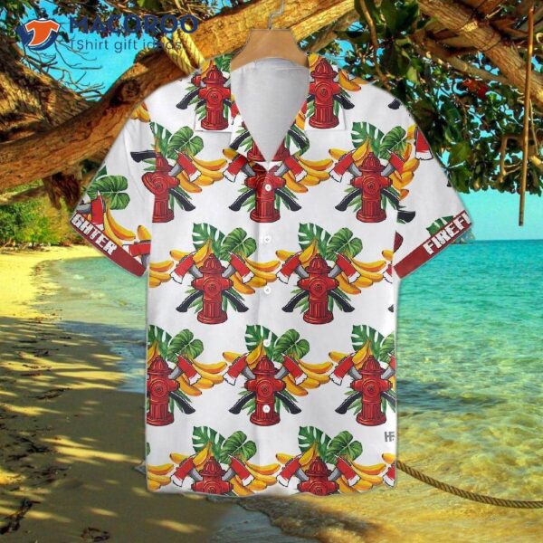 Firefighter Tropical Banana Palm Leaves Pattern White Hawaiian Shirt