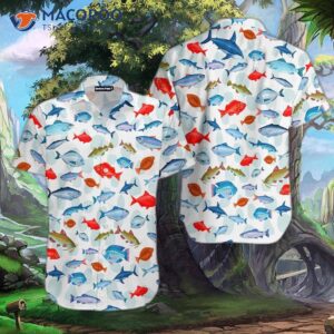 Fish-patterned White Hawaiian Shirt