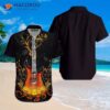 Flame-guitar-patterned Black Hawaiian Shirts
