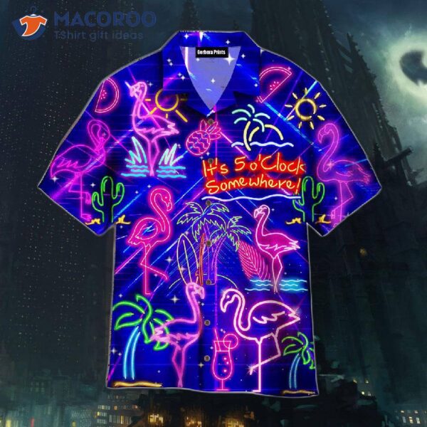 Flamingo Neon, It’s Five O’clock Somewhere, Violet Hawaiian Shirts.