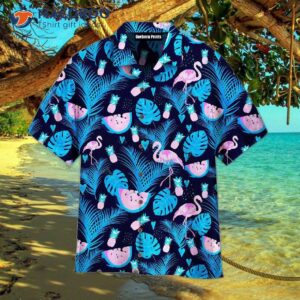 flamingo neon party tropical pattern blue hawaiian shirts 0