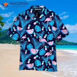 flamingo neon party tropical pattern blue hawaiian shirts 1