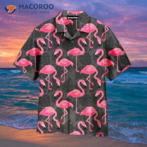 Flamingo On Dark Monstera Leaves, Grey And Pink Hawaiian Shirts