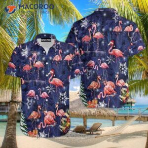 Flamingo-patterned Blue Hawaiian Shirts On A Snowflake Christmas Pattern