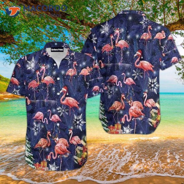 Flamingo-patterned Blue Hawaiian Shirts On A Snowflake Christmas Pattern