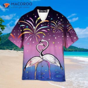 Flamingo-patterned Purple Hawaiian Shirts With Fireworks