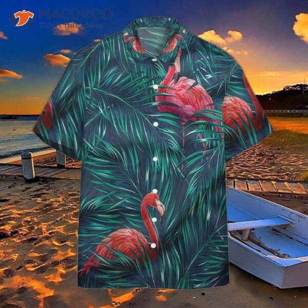 Flamingo-patterned Tropical Green Hawaiian Shirts