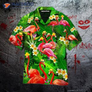 flamingo patterned tropical green hawaiian shirts 0