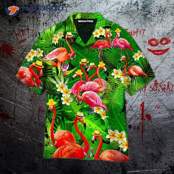 Flamingo-patterned Tropical Green Hawaiian Shirts