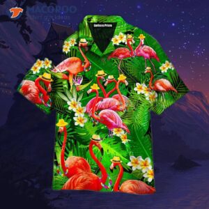 flamingo patterned tropical green hawaiian shirts 1