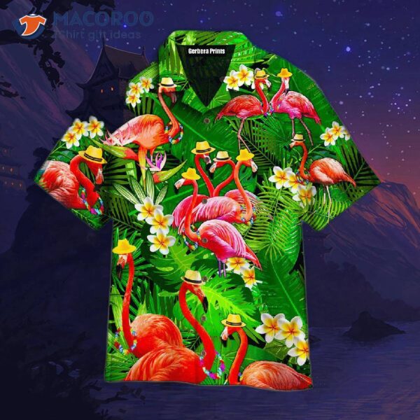 Flamingo-patterned Tropical Green Hawaiian Shirts