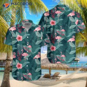 flamingo patterned tropical leaf and palm blue hawaiian shirts 0