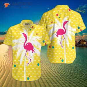 flamingo patterned tropical yellow hawaiian shirts 0