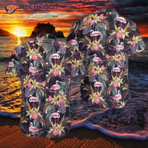 Flamingo-pink-and-black-leaf Hawaiian Shirts